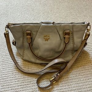 MCM 2 way Leather Satchel Crossbody Bag Beige Tan GUC